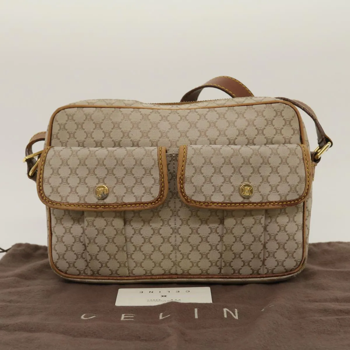 Celine Macadam Canvas Shoulder Bag Beige Brown  ar7069