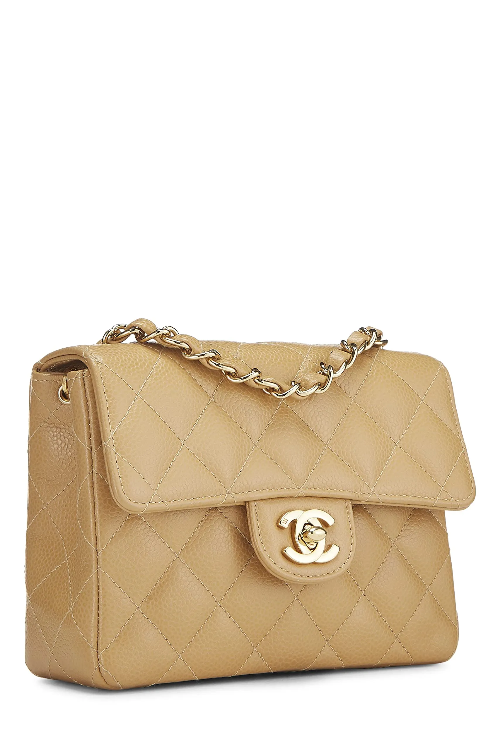 Chanel,  Beige Quilted Caviar Half Flap Mini, Beige