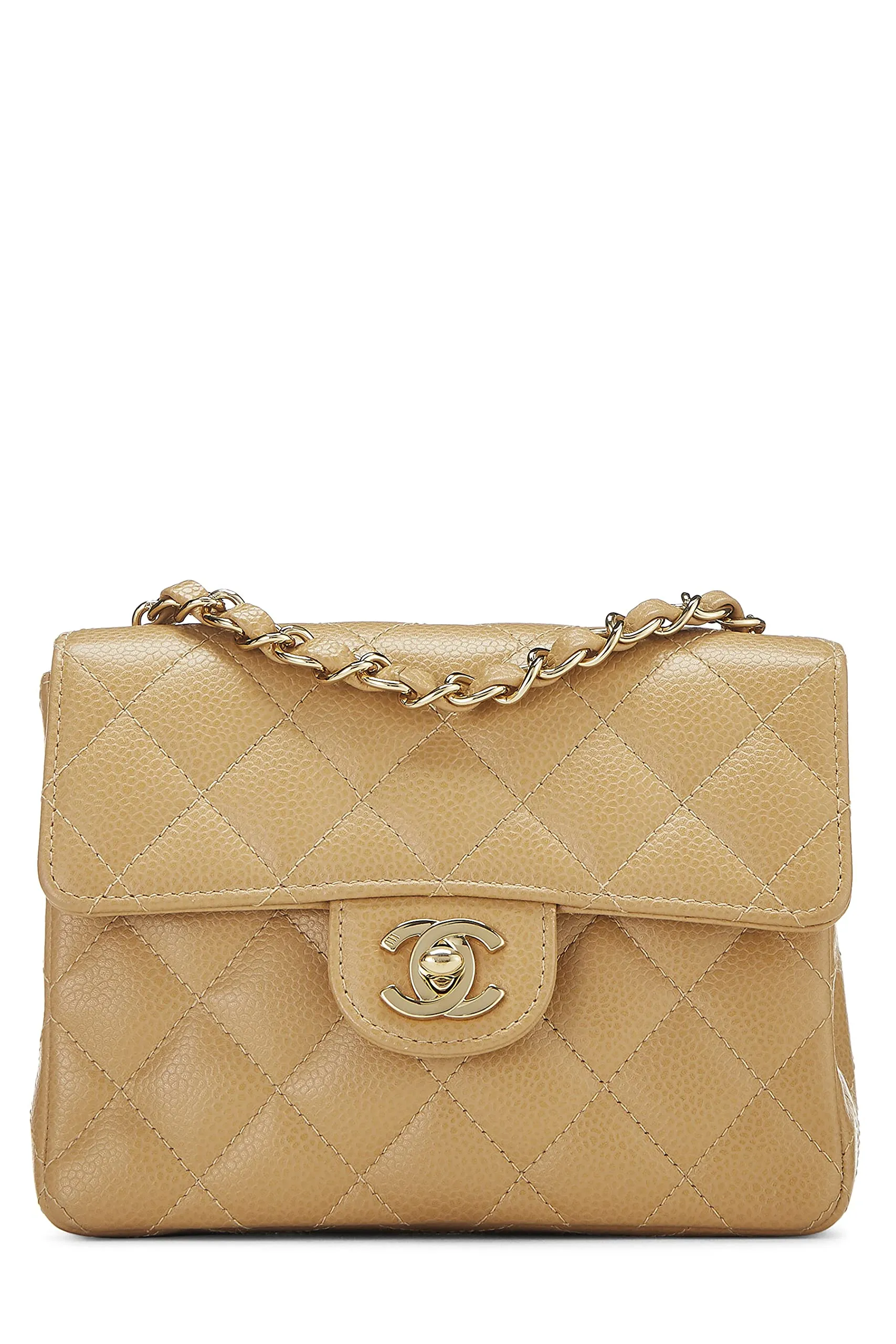 Chanel,  Beige Quilted Caviar Half Flap Mini, Beige