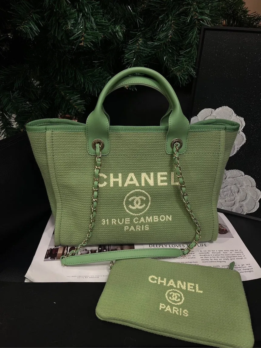 Chanel Grass Green Canvas Single Shoulder Bag and Pouch Set