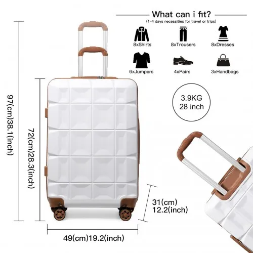 Kono 28 Inch Lightweight Hard Shell ABS Suitcase with TSA Lock - White | Durable & Stylish Luggage for Travel