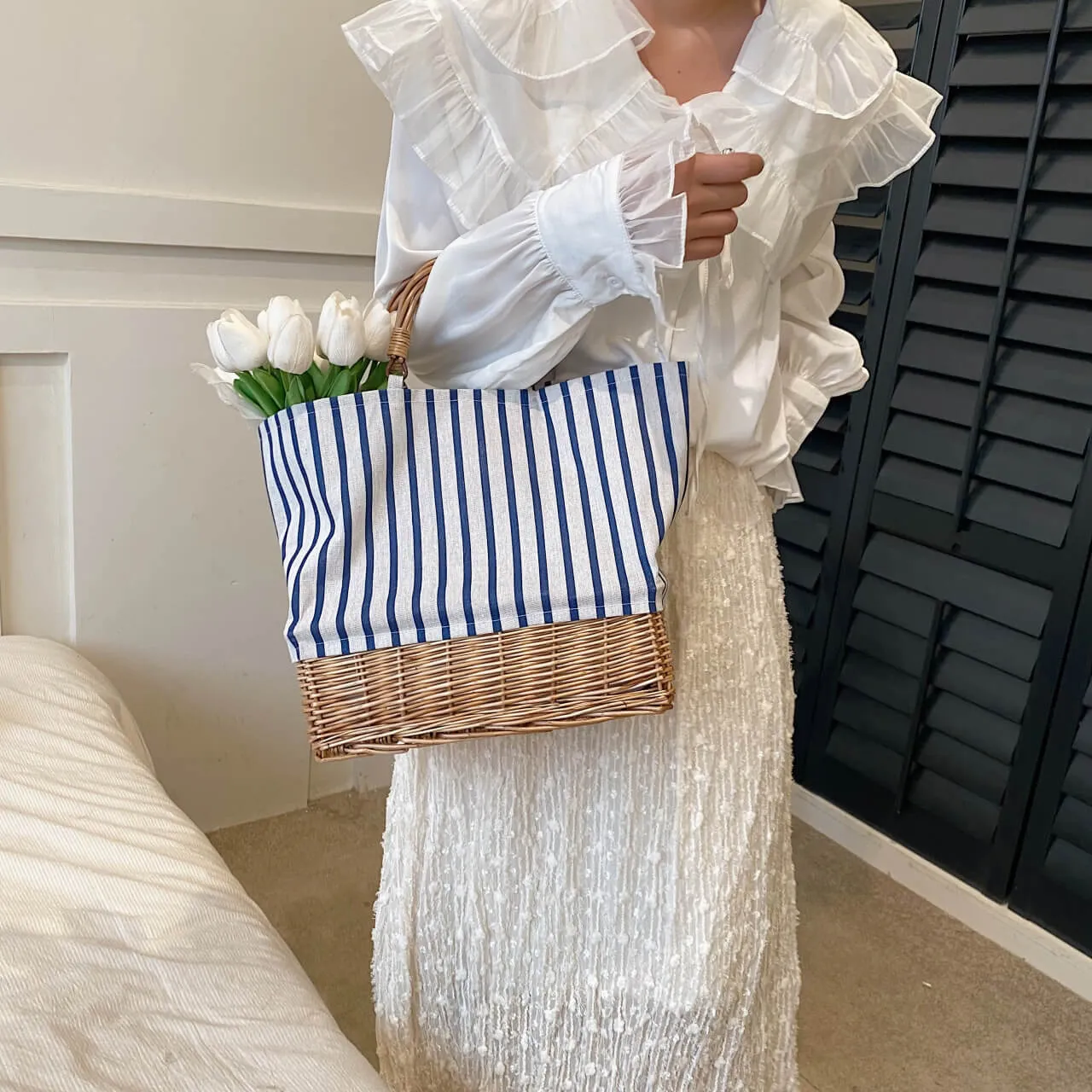 Large Capacity Stripe Wicker Canvas Beach Bag-Showtown