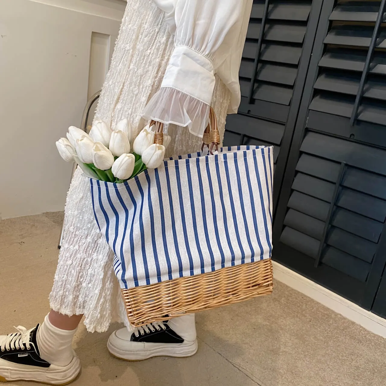 Large Capacity Stripe Wicker Canvas Beach Bag-Showtown
