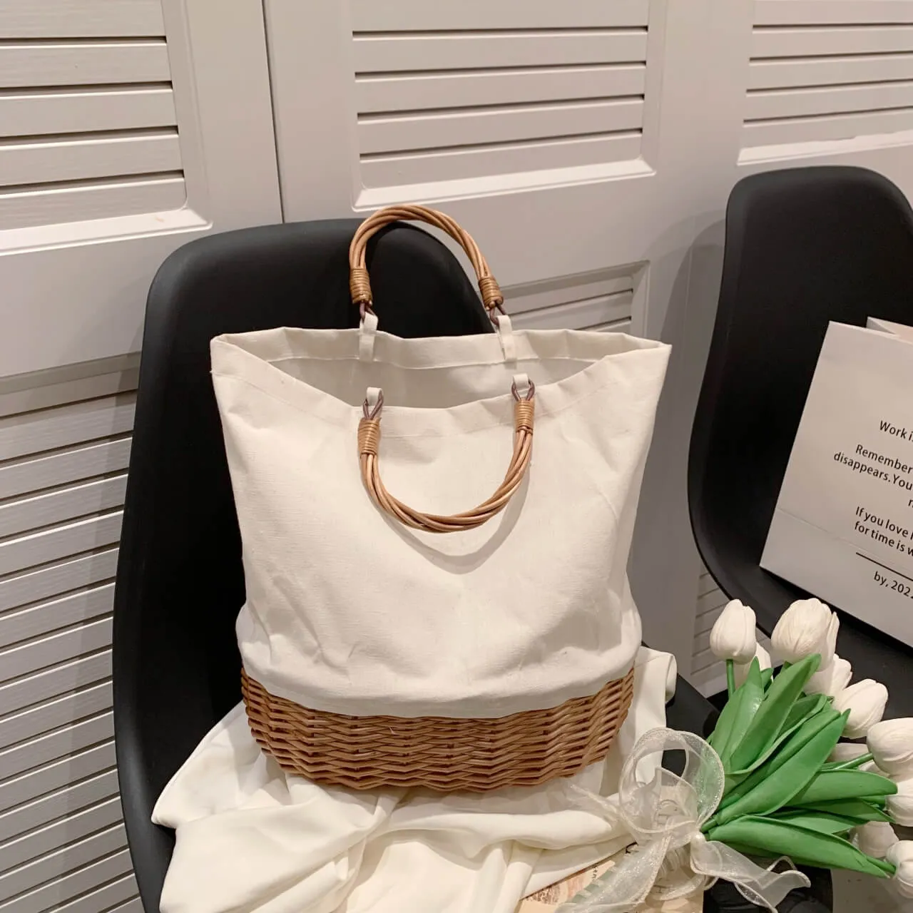 Large Capacity Stripe Wicker Canvas Beach Bag-Showtown
