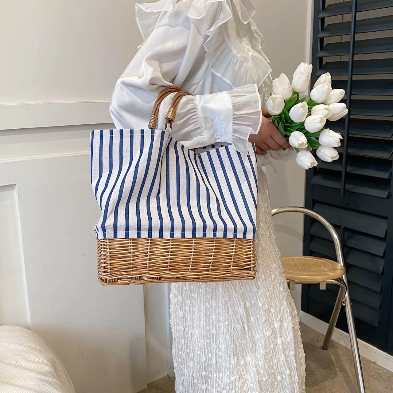 Large Capacity Stripe Wicker Canvas Beach Bag-Showtown