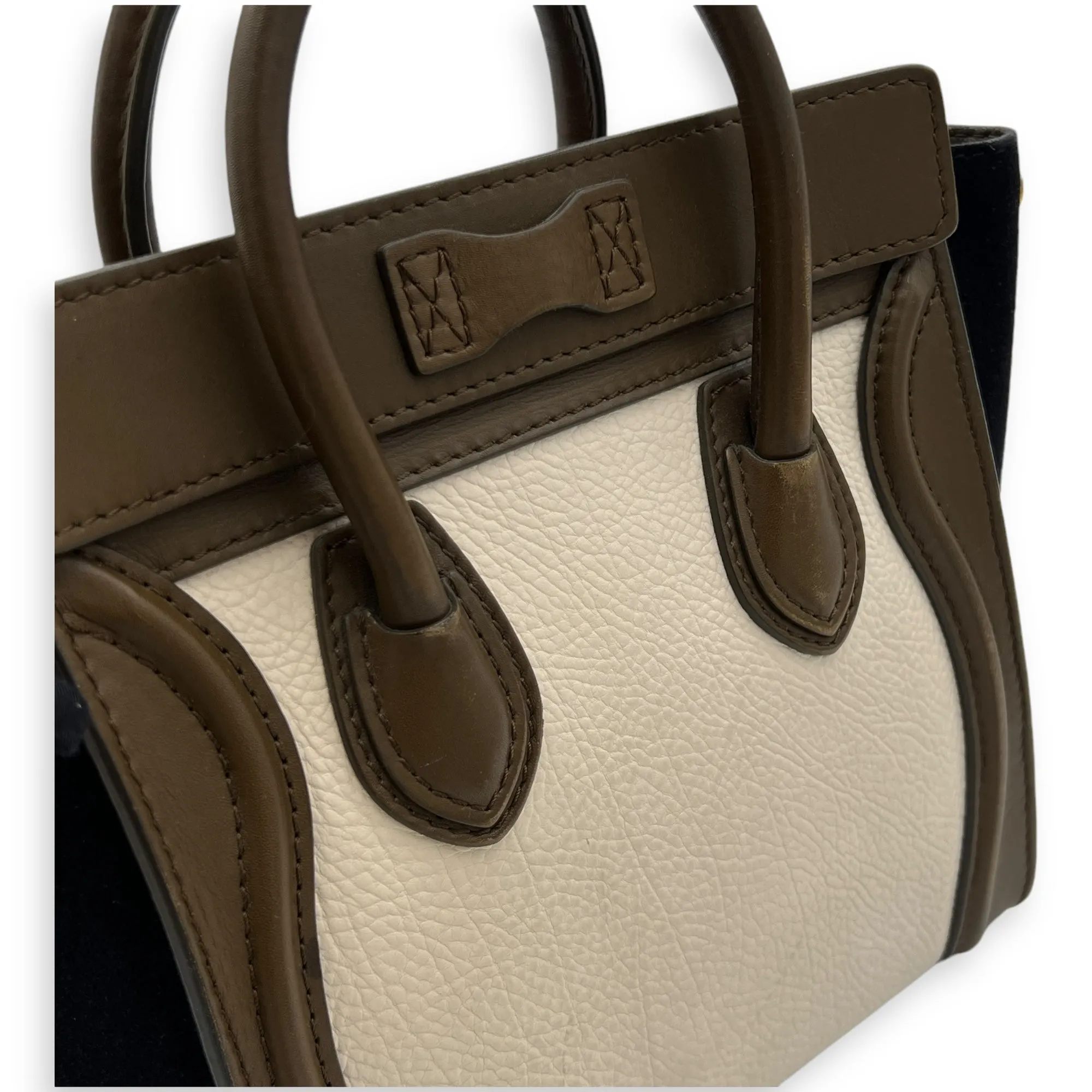 Luggage Nano White Top Handle Bag in Calfskin, Gold hardware