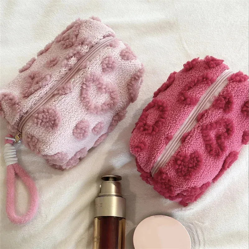 UAKISS  -  1 Piece Cute Furry Makeup Bags for Women Pink Red Color Heart Cosmetic Bags with Lanyard Girl Large Capacity Travel Organizer