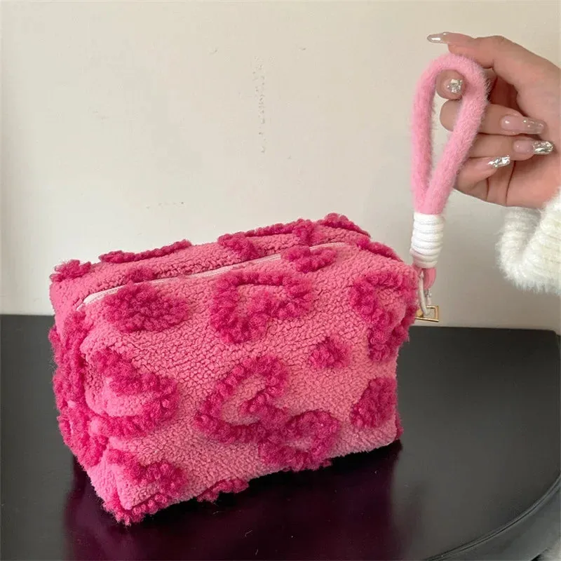 UAKISS  -  1 Piece Cute Furry Makeup Bags for Women Pink Red Color Heart Cosmetic Bags with Lanyard Girl Large Capacity Travel Organizer