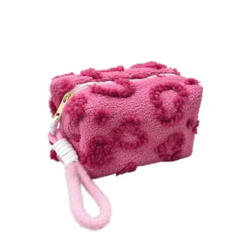 UAKISS  -  1 Piece Cute Furry Makeup Bags for Women Pink Red Color Heart Cosmetic Bags with Lanyard Girl Large Capacity Travel Organizer