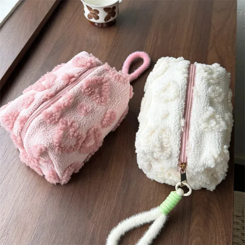 UAKISS  -  1 Piece Cute Furry Makeup Bags for Women Pink Red Color Heart Cosmetic Bags with Lanyard Girl Large Capacity Travel Organizer