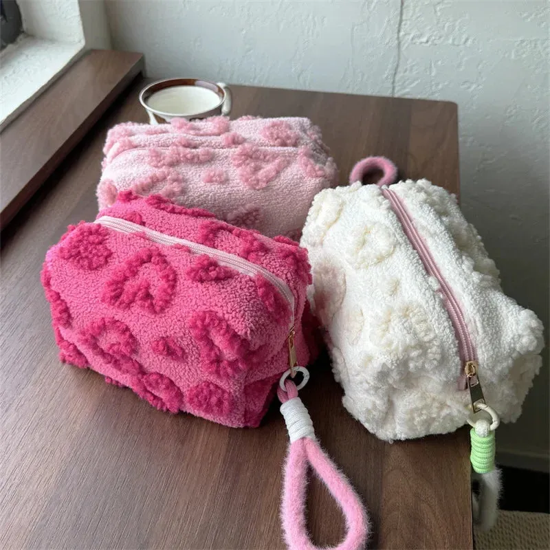UAKISS  -  1 Piece Cute Furry Makeup Bags for Women Pink Red Color Heart Cosmetic Bags with Lanyard Girl Large Capacity Travel Organizer